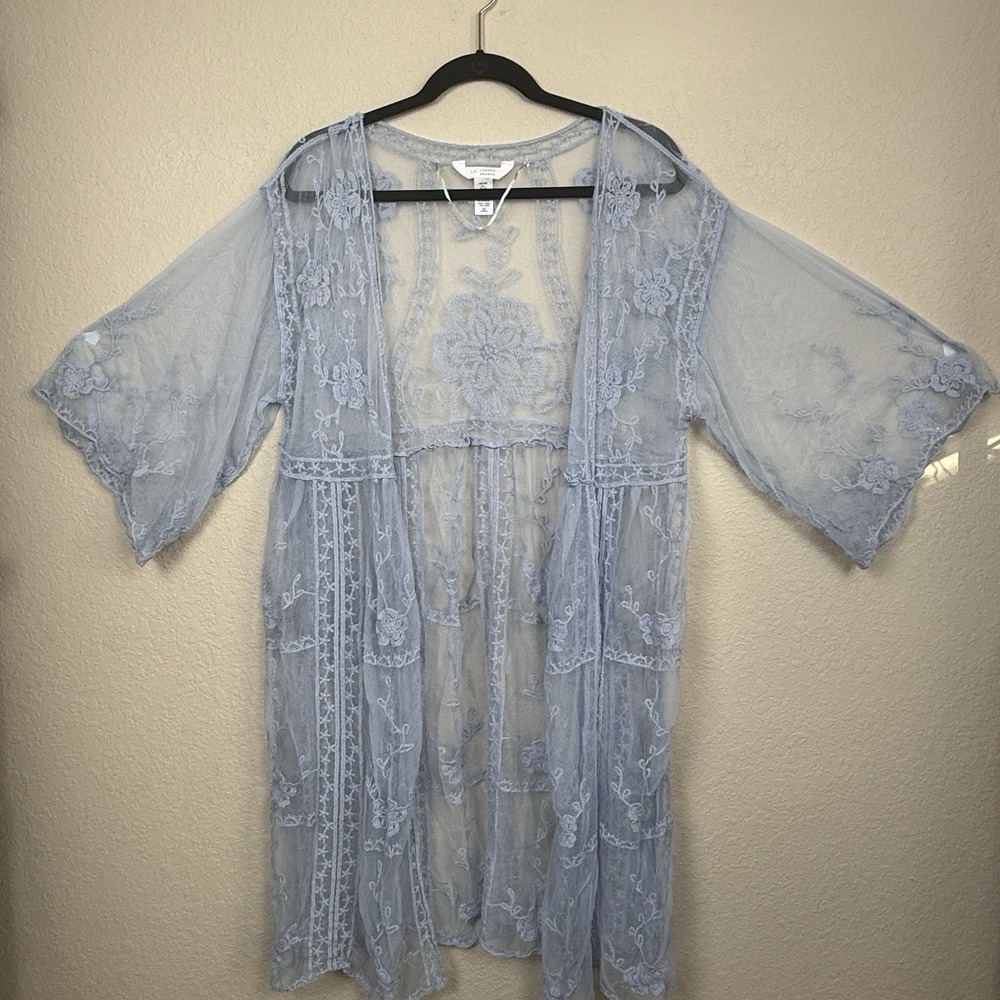 Ethereal Floral Embroidered Sheer Kimono Duster Lace Dusty Blue Boho Western OS